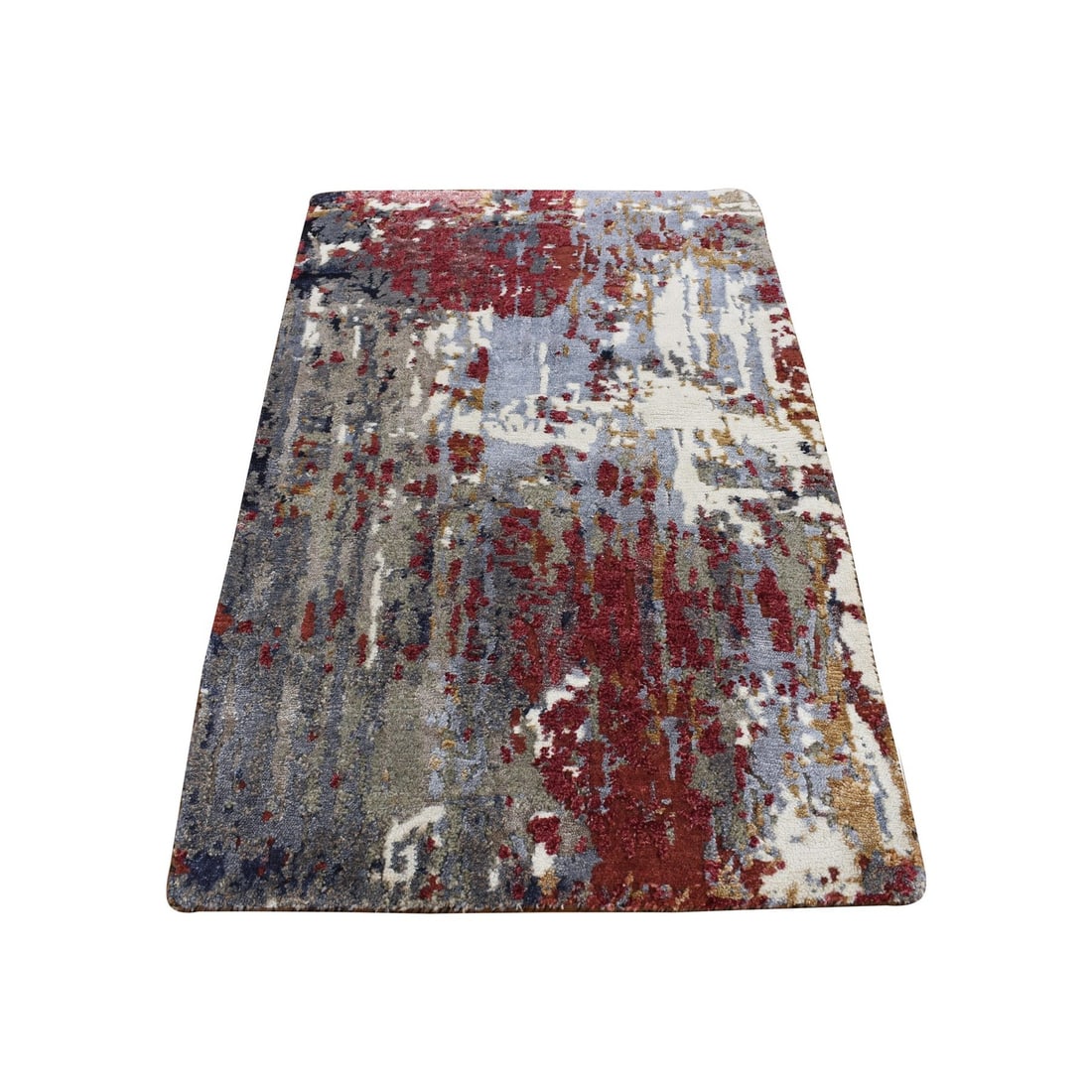 2'x3' Gray Abstract Design Wool and Silk Hand Knotted Oriental Mat Rug (1 of 9)