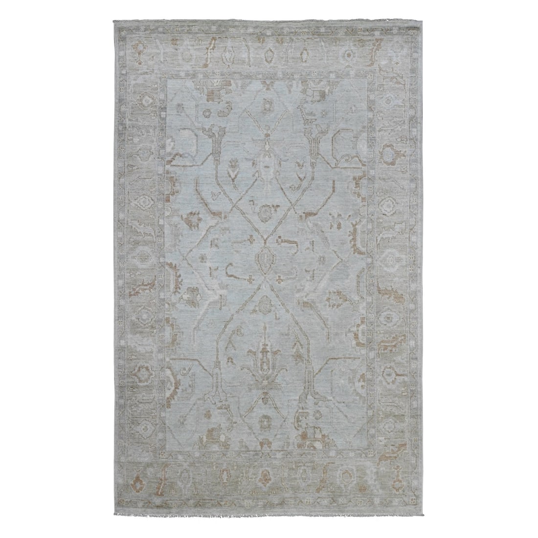 5'8"x9'2" White Afghan Angora Oushak Vines Design Hand Knotted Wool Rug: 5'8"x9'2" White Afghan Angora Oushak Vines Design Hand Knotted Wool Rug The Oushak Vines Design Hand Knotted Wool Rug boasts an elegant ivory color and intricate vines pattern, showcasing the