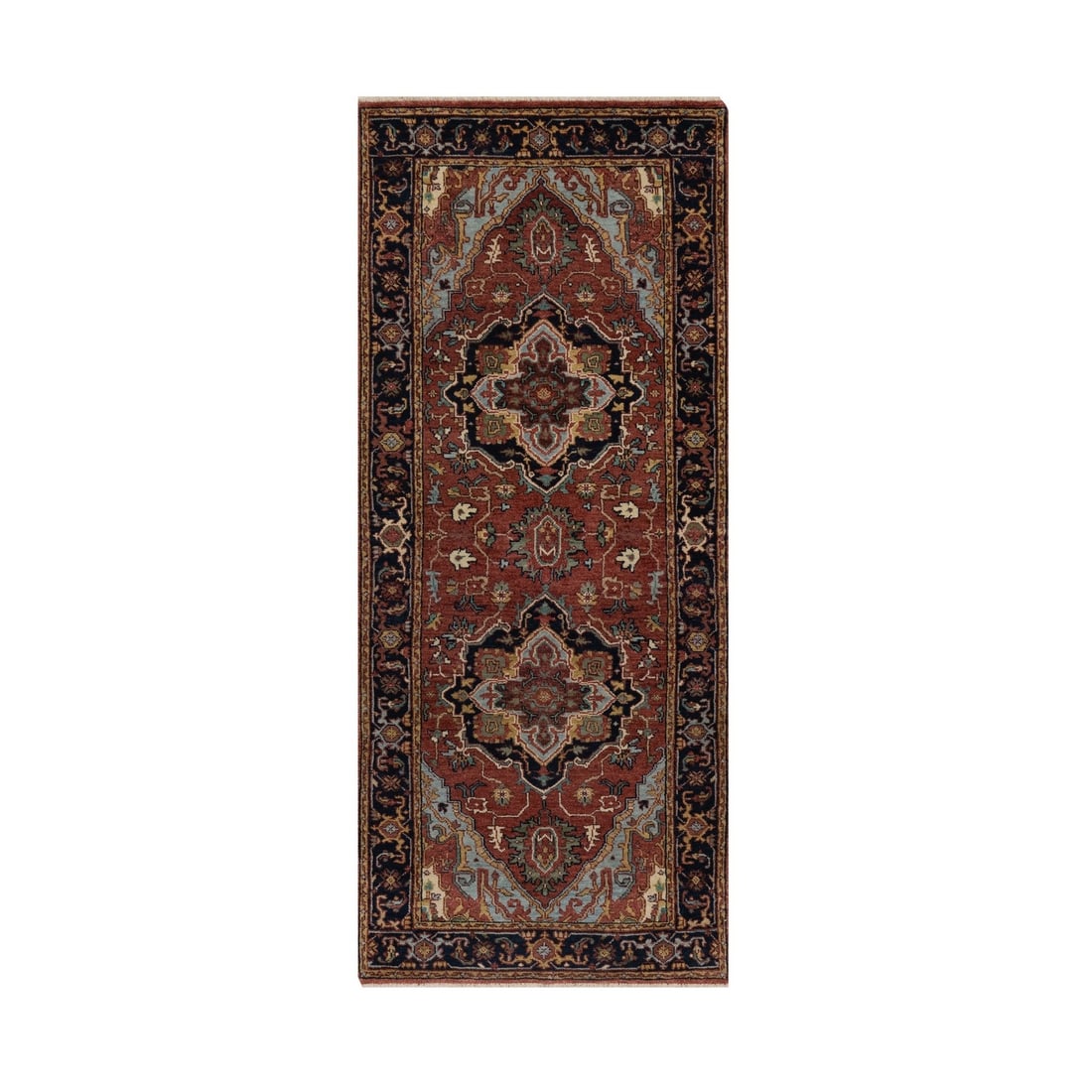 2'7"x6'1" Red Antiqued Heris Re-Creation All Wool Hand Knotted Runner Rug: 2'7"x6'1" Red Antiqued Heris Re-Creation All Wool Hand Knotted Runner Rug The Red Antiqued Heris Re-Creation All Wool Hand Knotted Runner Rug boasts a stunning medallion pattern in rich reds and earth