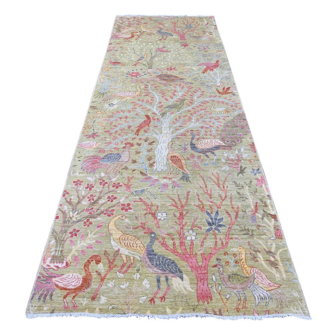 4'x11'9" Green Peshawar Birds of Paradise Design Hand Knotted Wool Runner: 4'x11'9" Green Peshawar Birds of Paradise Design Hand Knotted Wool Runner This stunning hand-knotted wool runner boasts an intricate Peshawar design, showcasing the vibrant green hues of the Birds of