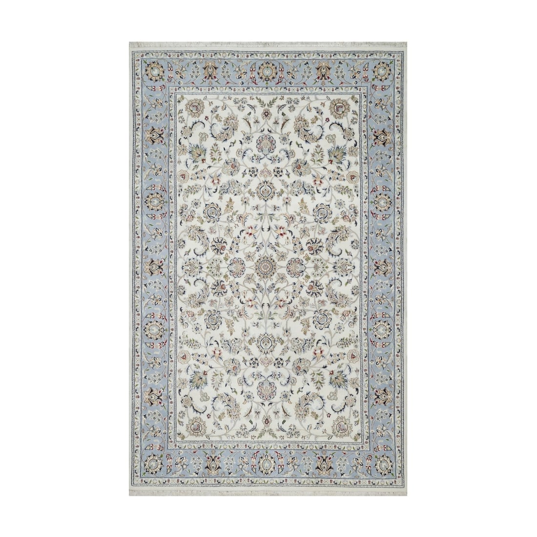 5'7"x9' Daisy White Nain with Flower Motif Wool and Silk Hand Knotted Rug: 5'7"x9' Daisy White Nain with Flower Motif Wool and Silk Hand Knotted Rug Hand-knotted in wool and silk, this stunning 5'7"x9' Nain-style rug boasts an intricate flower motif against a crisp ivory bac