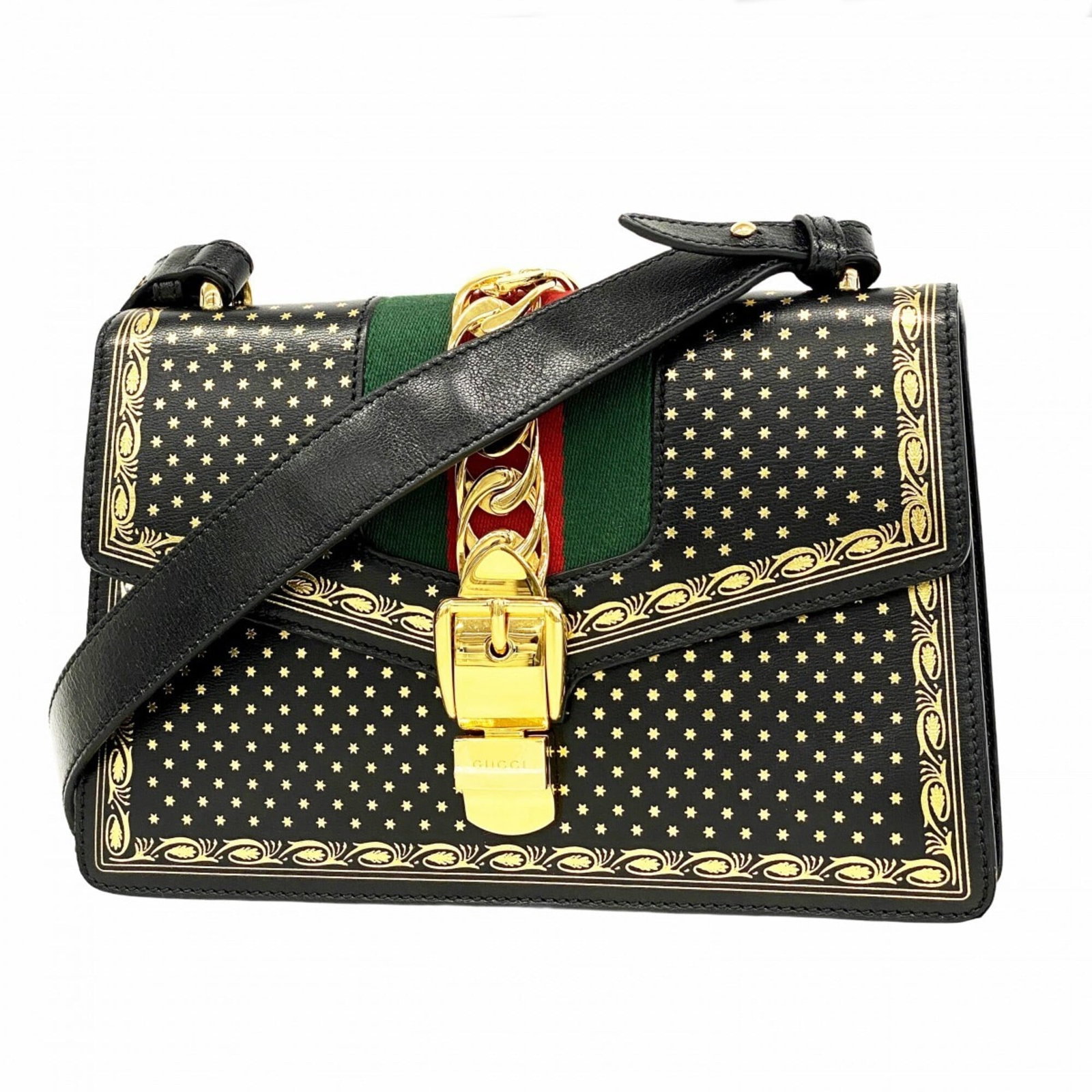 Shoulder Bag Leather Gucci: Shoulder Bag Leather Gucci Black leather shoulder bag with gold hardware, featuring a classic design. The bag has traces of usage and minor scratches/dirt, but remains in good condition overall. This