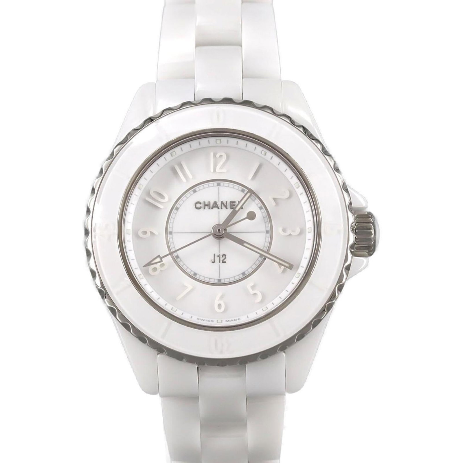 Chanel Wristwatch: Chanel Wristwatch Ceramic case and band, white dial, and sleek design make this Chanel wristwatch a stylish accessory. With its 33mm diameter and adjustable ceramic strap, it fits comfortably on wrist