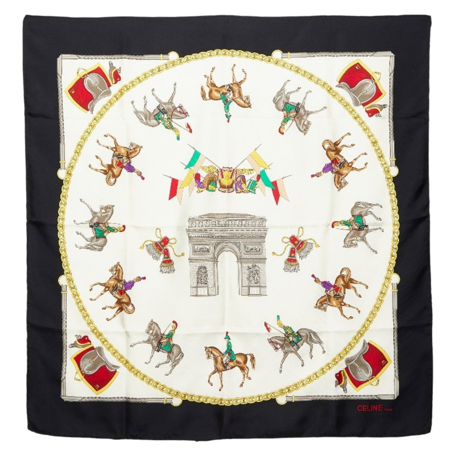 Celine Silk Scarf: Celine Silk Scarf Silk scarf from Celine, featuring a black and multi-color design. Made from high-quality silk with a size of 86cm x 86cm, it bears traces of usage and minor scratches. The scarf is i