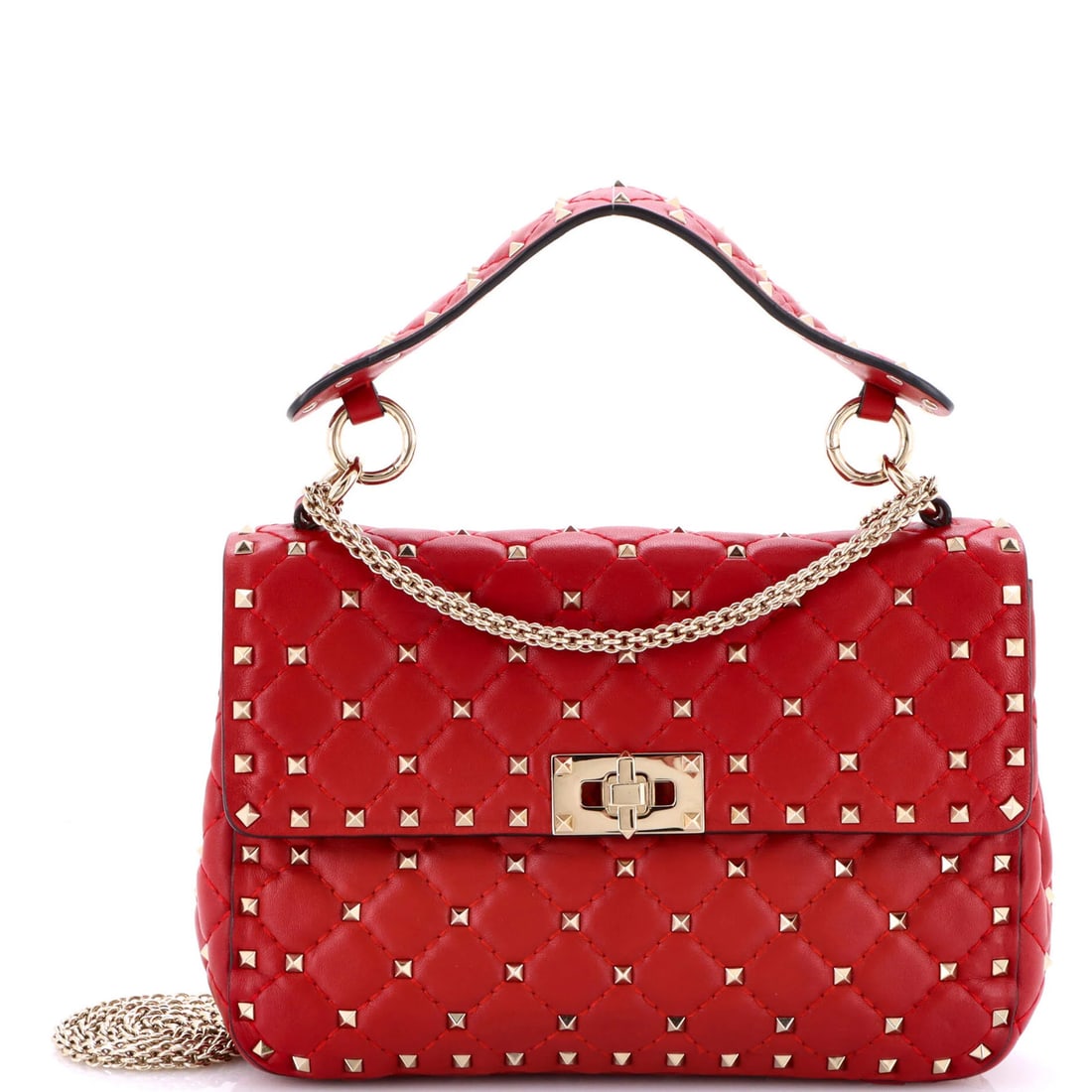 Valentino Garavani Rockstud Spike Flap Bag Quilted Leather Medium: Valentino Garavani Rockstud Spike Flap Bag Quilted Leather Medium The Valentino Garavani Rockstud Spike Flap Bag Quilted Leather Medium boasts sleek, modern design with a bold red exterior. Its
