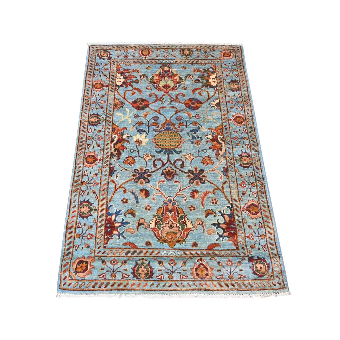 2'10"x4'3" Blue Hand Knotted Afghan Sultani Pomegranate Design Wool Rug: 2'10"x4'3" Blue Hand Knotted Afghan Sultani Pomegranate Design Wool Rug Blue Hand Knotted Afghan Sultani Pomegranate Design Wool Rug features an all-over regional design in vibrant blue hues, with
