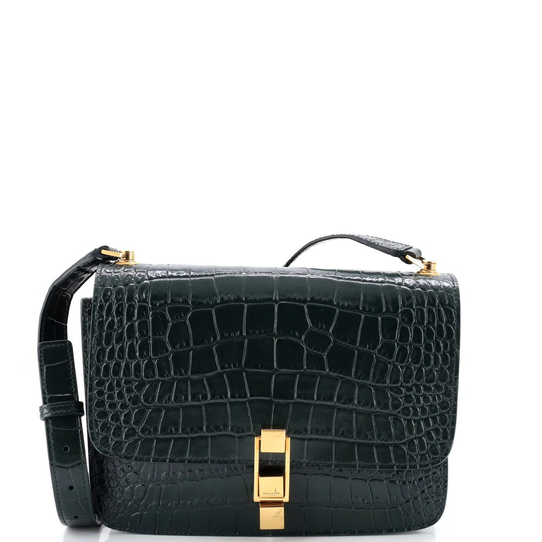 Carre Satchel Crocodile Embossed Leather Medium Saint: Carre Satchel Crocodile Embossed Leather Medium Saint The Saint Laurent Carre Satchel in crocodile embossed leather is a statement piece, boasting a striking green exterior with gold hardware. With