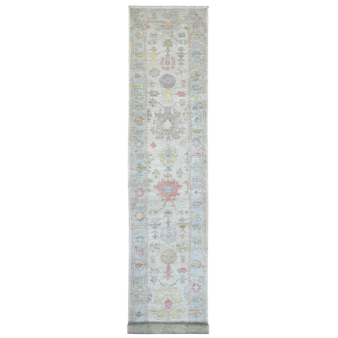 2'9"x15'7" Gray Hand Knotted Angora Oushak Leaf Design Wool Runner Rug: 2'9"x15'7" Gray Hand Knotted Angora Oushak Leaf Design Wool Runner Rug The Oushak Leaf Design Wool Runner Rug boasts an impressive size, measuring 2'9"x15'7" and made from high-quality wool. Its intri