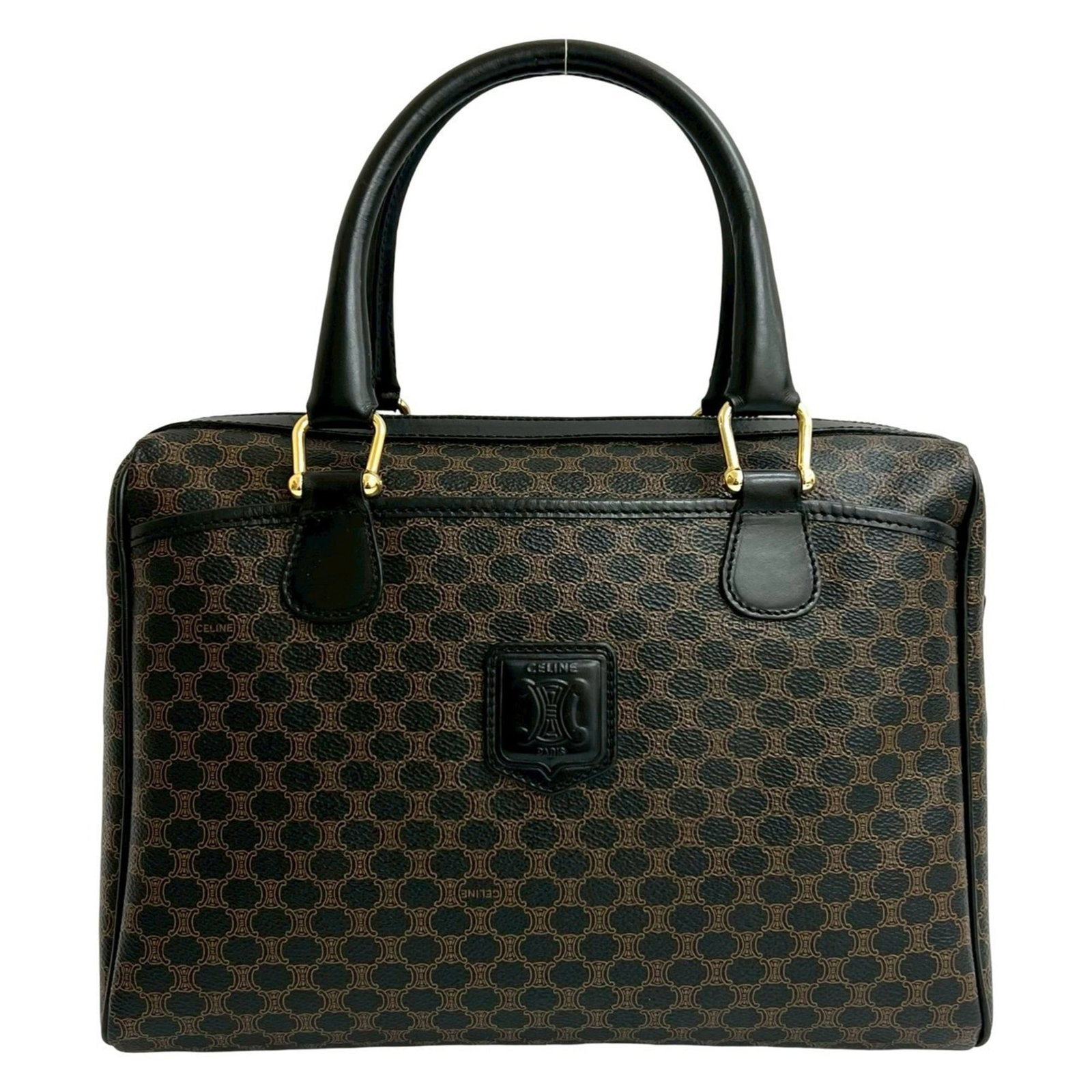 Boston Bag Leather Pvc Handbag Celine: Boston Bag Leather Pvc Handbag Celine Black and Brown Boston Bag Leather Pvc Handbag by Celine, featuring a classic design with traces of usage. The bag's leather and pvc material provide a durable an