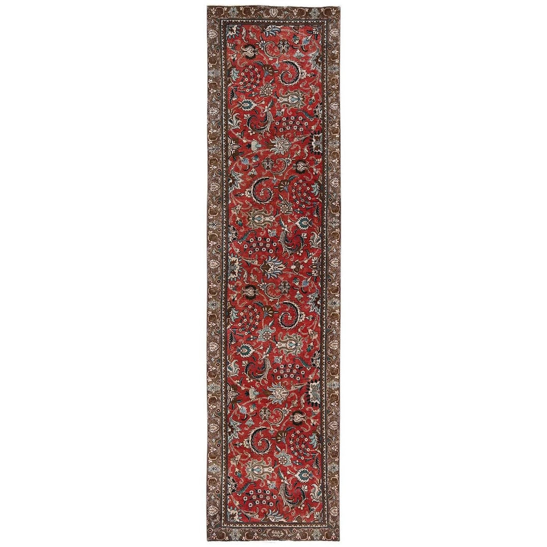 2'10"x12'3" Red Vintage Zoroastrian Kishoon Hand Knotted Wool Runner Rug: 2'10"x12'3" Red Vintage Zoroastrian Kishoon Hand Knotted Wool Runner Rug Red Zoroastrian Kishoon Hand Knotted Wool Runner Rug boasts an all-over regional design in rich reds and ivory, set against a s