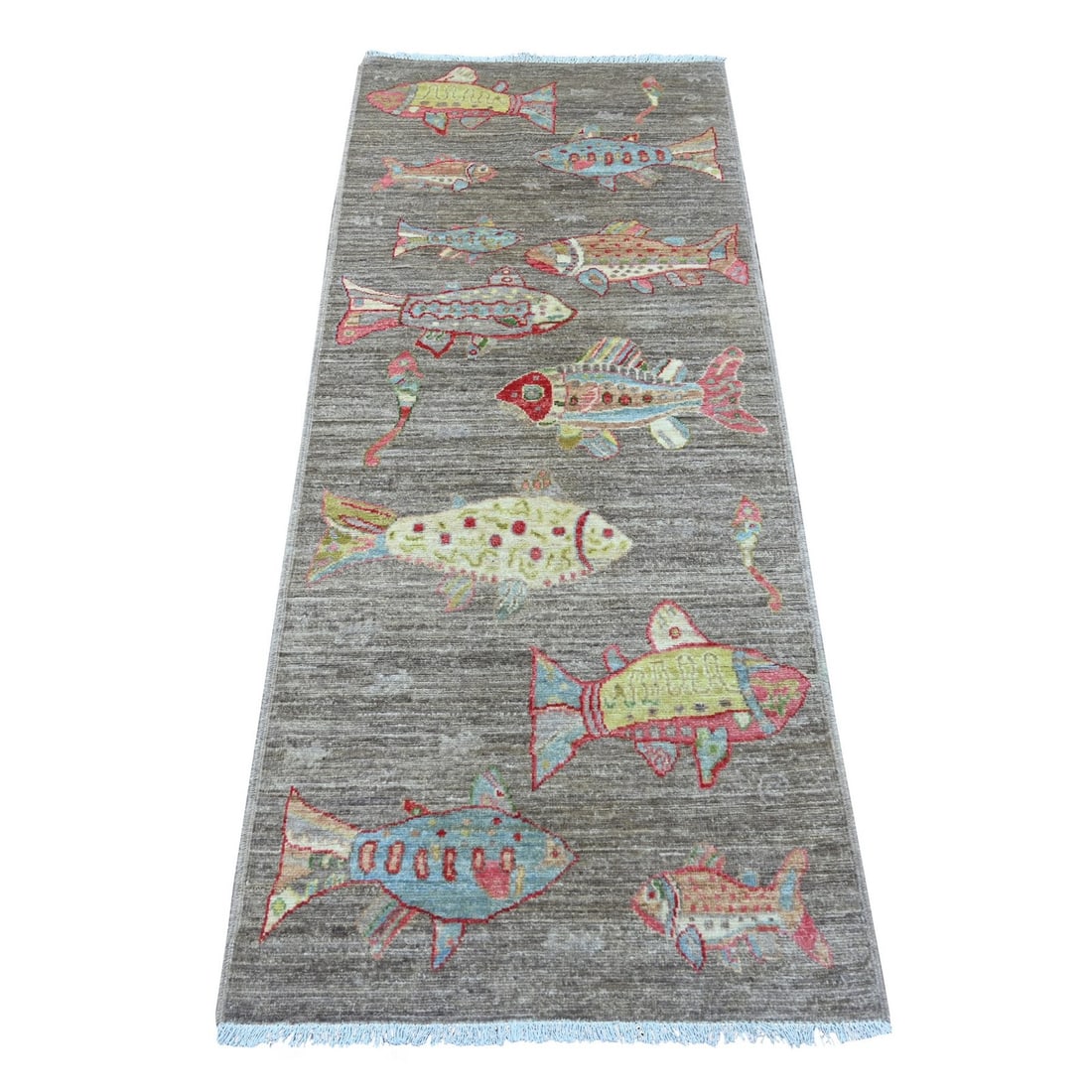 2'6"x6'1" Brown Peshawar Fish Design Soft Wool Hand Knotted Runner Rug: 2'6"x6'1" Brown Peshawar Fish Design Soft Wool Hand Knotted Runner Rug Brown Peshawar Fish Design Soft Wool Hand Knotted Runner Rug features a unique animal print design, crafted from soft wool and