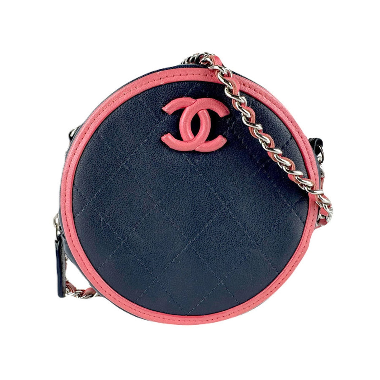 Shoulder Bag Leather: Shoulder Bag Leather Navy and Pink Leather Shoulder Bag, 12cm x 12cm x 5cm. This used Chanel shoulder bag features leather material with traces of usage, scratches, and dirt. The bag's condition is