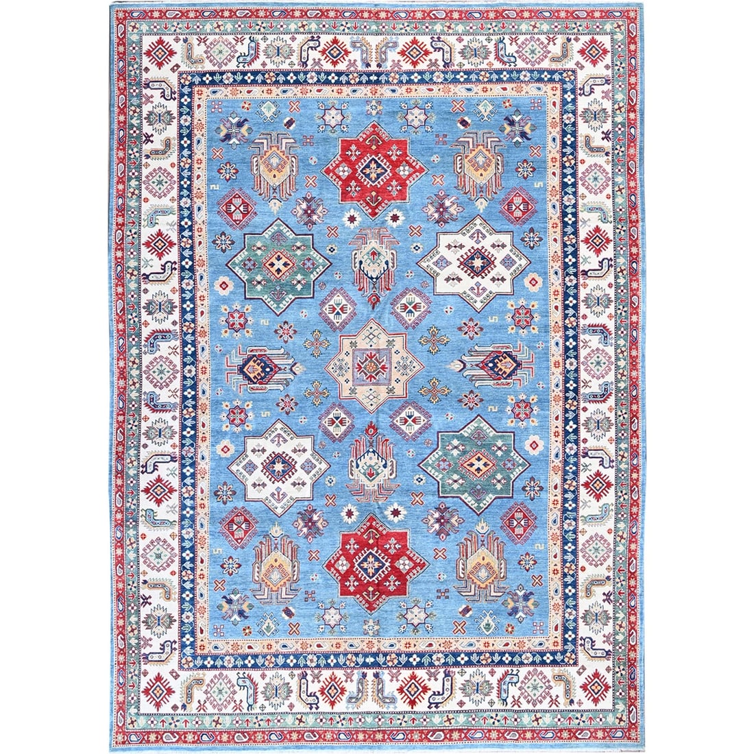 9'9"x14' Blue Kazak with Star Medallions Design Hand Knotted Soft Wool Rug: 9'9"x14' Blue Kazak with Star Medallions Design Hand Knotted Soft Wool Rug Soft and vibrant, this stunning blue Kazak rug boasts intricate star medallions in red, green, and tan accents against its