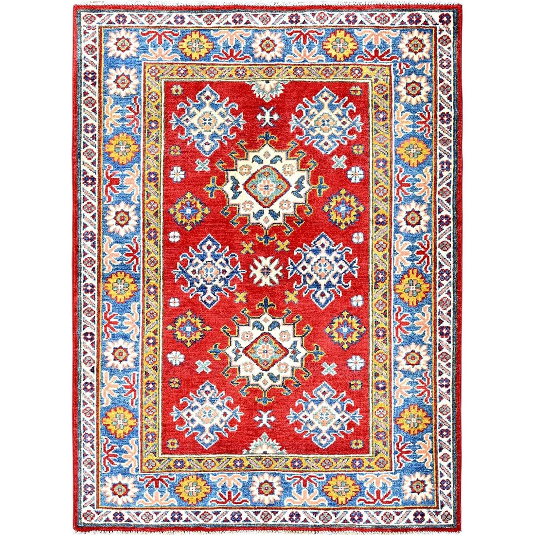 3'8"x4'10" Crimson Red Kazak with Tribal Motifs Hand Knotted Soft Wool Rug: 3'8"x4'10" Crimson Red Kazak with Tribal Motifs Hand Knotted Soft Wool Rug Softly glowing crimson red, this hand-knotted Kazak rug boasts vibrant tribal motifs against a rich background. Made from