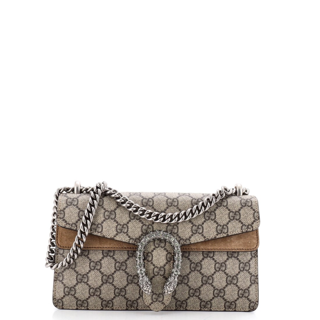 GG Coated Canvas with Crystal Embellished Small Dionysus Bag Gucci: GG Coated Canvas with Crystal Embellished Small Dionysus Bag Gucci Small Dionysus Bag with GG Coated Canvas and Crystal Embellished Metal in Brown. This Gucci shoulder bag features a canvas exterior