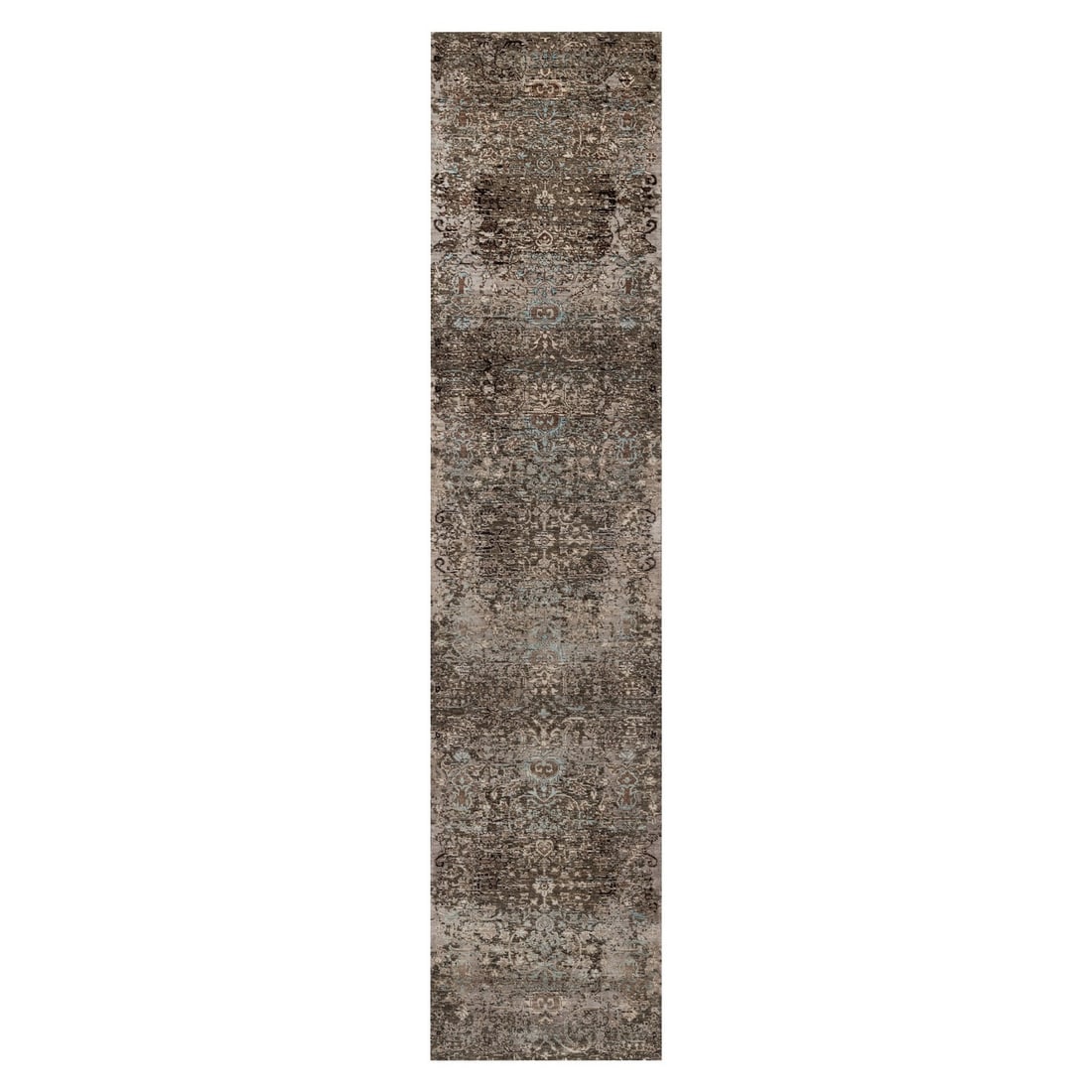 Brown Hand Knotted Wool Silk Erased Flower Design 2'7"x11'10" Rug: Brown Hand Knotted Wool Silk Erased Flower Design 2'7"x11'10" Rug Hand-knotted with wool and silk, this transitional-style runner rug boasts an all-over brown field design featuring subtle erased