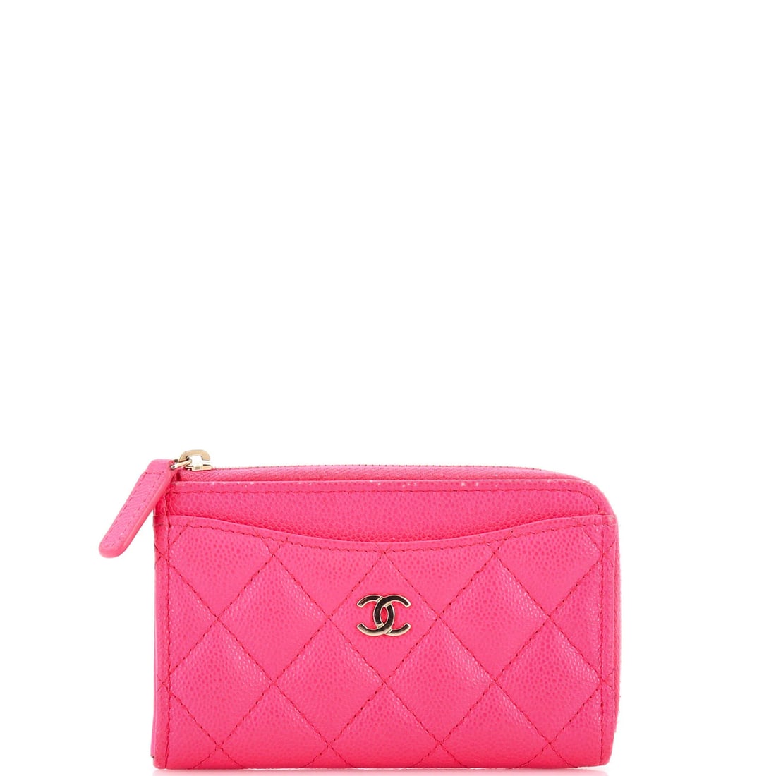 Caviar Chanel Card Quilted Zip Holder Around: Caviar Chanel Card Quilted Zip Holder Around Pink quilted Caviar card wallet holder with gold tone hardware, featuring a classic Chanel design. Made from high-quality leather and fabric, this