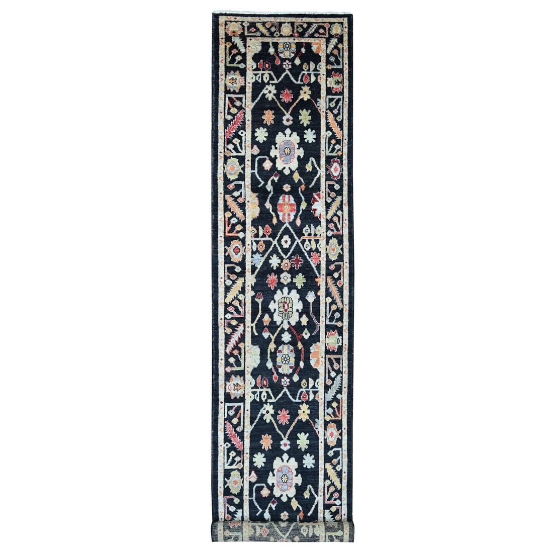 2'10"x15'9" Black Angora Oushak Leaf Design Hand Knotted Wool Runner Rug: 2'10"x15'9" Black Angora Oushak Leaf Design Hand Knotted Wool Runner Rug Black Angora Oushak Leaf Design Hand Knotted Wool Runner Rug features a striking floral pattern in black and yellow, set