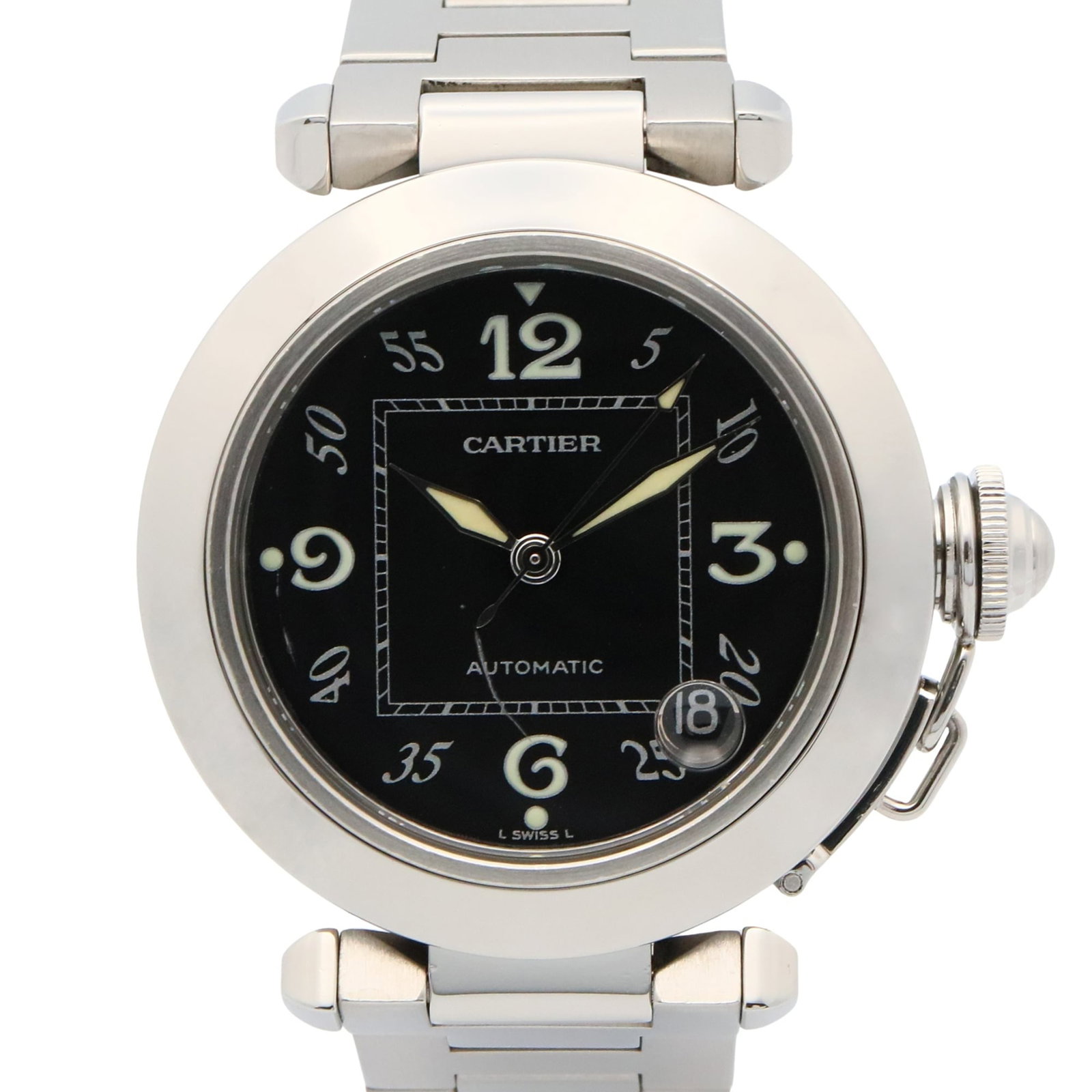 Cartier Wristwatch: Cartier Wristwatch Stainless steel case and band provide a sleek, modern look. The black dial stands out against the subtle wear from previous use, with some minor scratches and dirt visible but