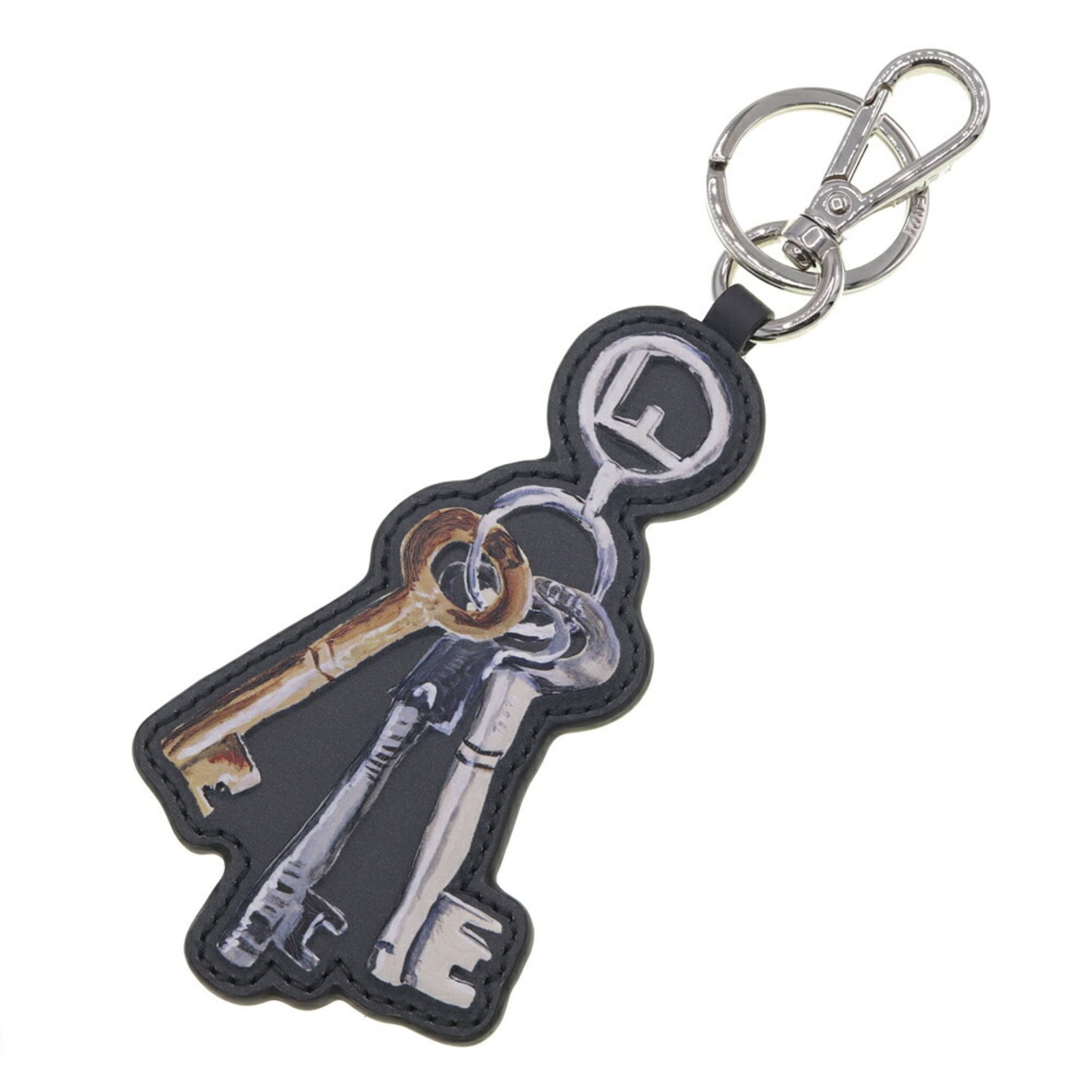 Fendi Keyring Metal Leather: Fendi Keyring Metal Leather Dark Gray Fendi Keyring with Metal Accents, featuring a high-quality leather and metal construction. The item bears a signature, indicating a level of craftsmanship and