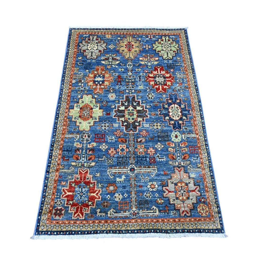 3'x4'9" Blue Afghan Ersari Caucasian Design Revival Hand Knotted Wool Rug (1 of 6)