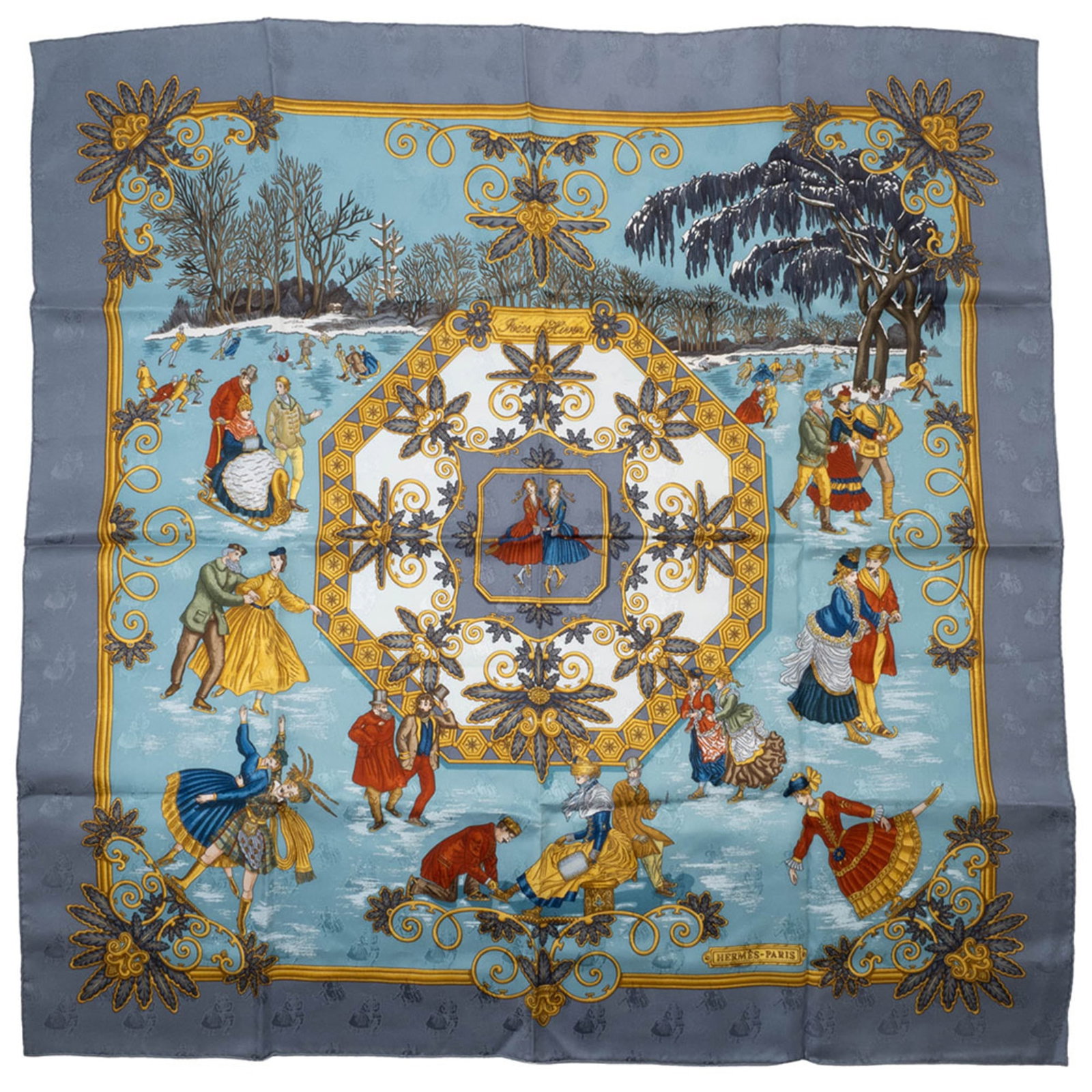 Hermes Scarf Silk 100%: Hermes Scarf Silk 100% Silk 100% Hermes scarf in blue, with a subtle sheen and intricate texture. Measuring 88cm x 87cm, it features a few traces of usage, some scratches / dirt visible but overall in