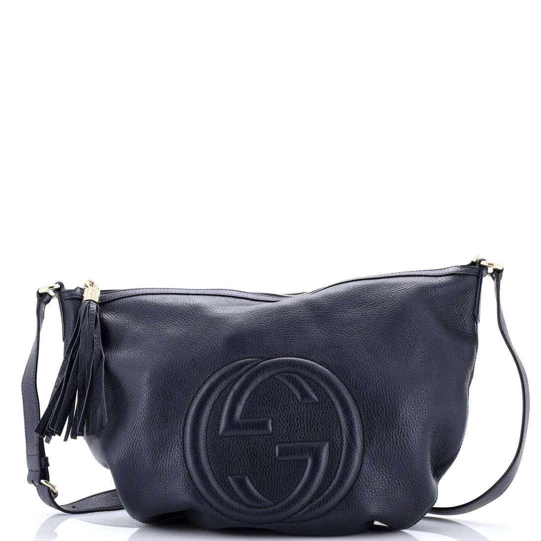 Gucci messenger bag leather medium: Gucci messenger bag leather medium This Gucci Soho Messenger Bag in blue leather features a medium size with a gold tone hardware and neutral interior. The bag has been worn, showing signs of scuffs, 