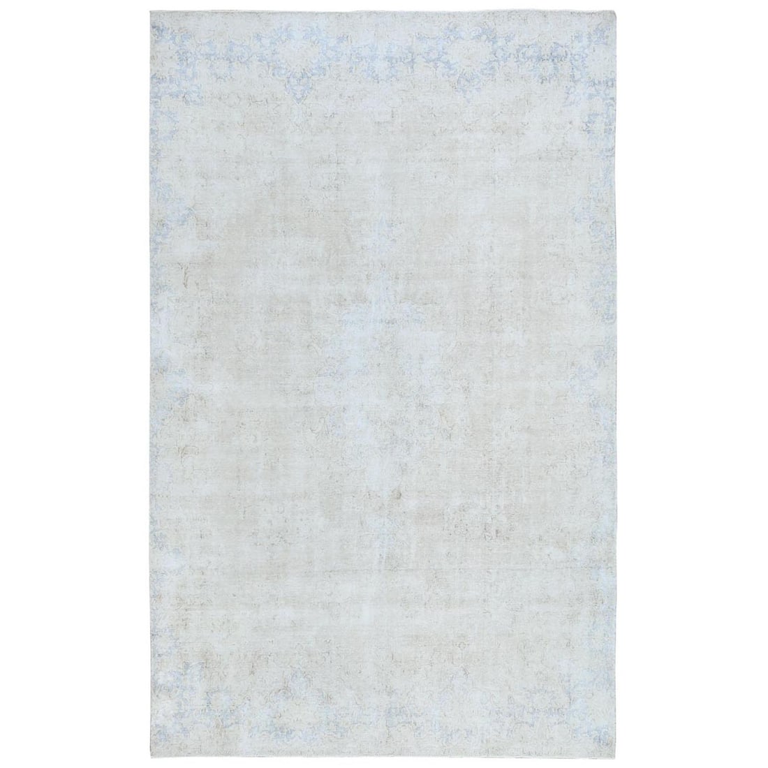 8'2"x13' Ivory Old Farsian Karman Hand Knotted Wool Distressed Look Rug: 8'2"x13' Ivory Old Farsian Karman Hand Knotted Wool Distressed Look Rug 8'2" x 13" Ivory Farsian Karman Hand Knotted Wool Distressed Look Rug boasts a unique, worn wool pile and rectangular field desi