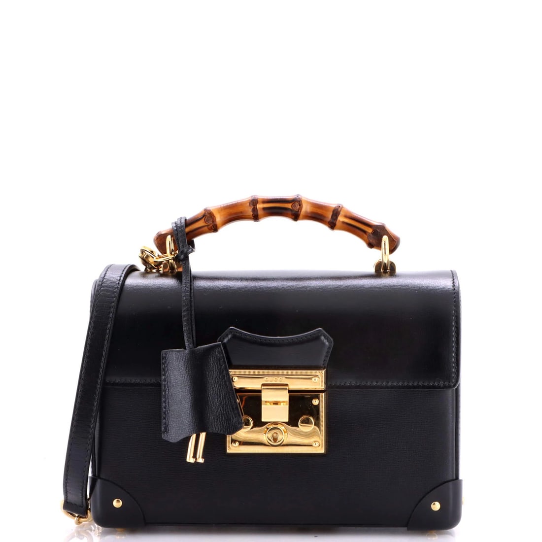 Small bamboo leather bag shoulder padlock gucci: Small bamboo leather bag shoulder padlock gucci Small bamboo leather bag shoulder padlock Gucci features a black exterior with scuffs, edge wear, and minor creases. The interior is made of microfiber 