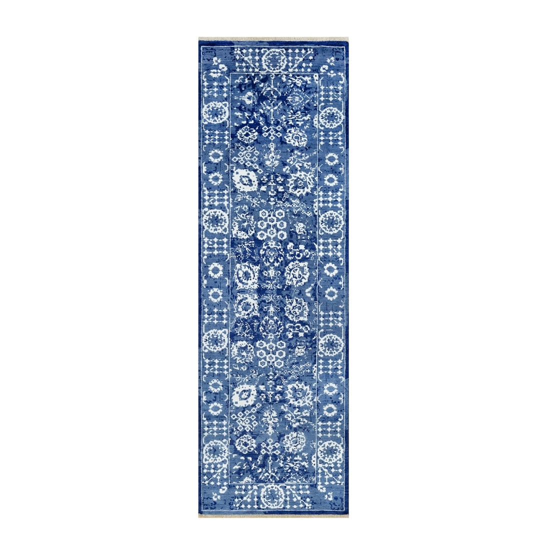 2'6"x8' Blue Hand Knotted Tebraz Leaf Design Wool and Silk Runner Rug: 2'6"x8' Blue Hand Knotted Tebraz Leaf Design Wool and Silk Runner Rug The Tebraz Leaf Design Wool and Silk Runner Rug boasts a striking blue hue, intricately woven with wool and silk to create a