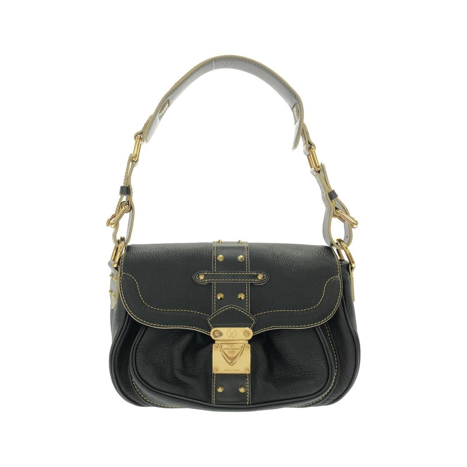 Leather shoulder bag by Louis Vuitton: Leather shoulder bag by Louis Vuitton Black leather shoulder bag by Louis Vuitton, featuring classic design with a few traces of usage visible. The bag's condition shows some scratches and dirt, but o