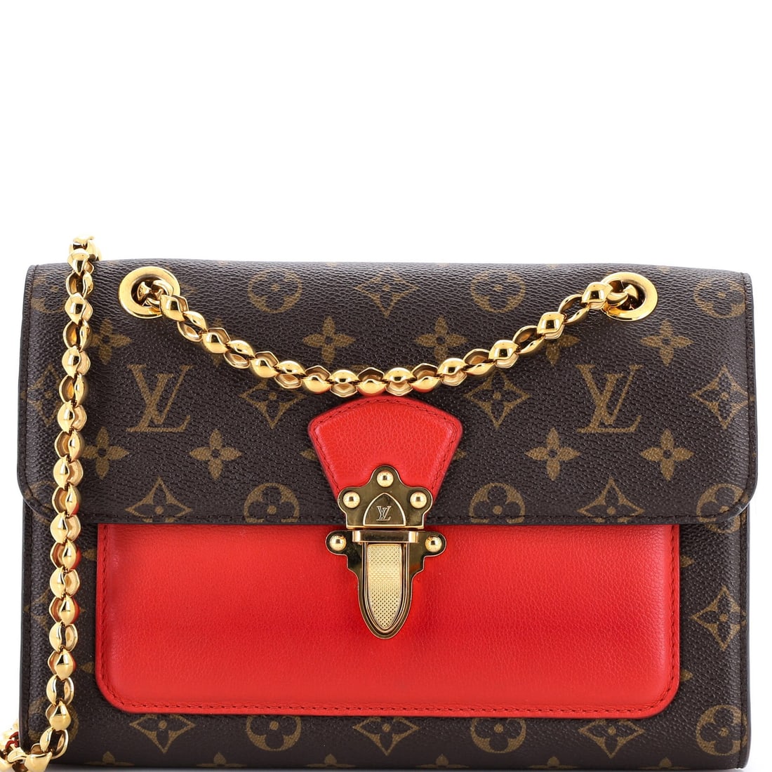 Victoire Handbag Canvas Leather Monogram Louis Vuitton: Victoire Handbag Canvas Leather Monogram Louis Vuitton The Victoire Handbag in bold red leather boasts a striking monogram pattern, combining canvas and leather materials for a unique look. With its