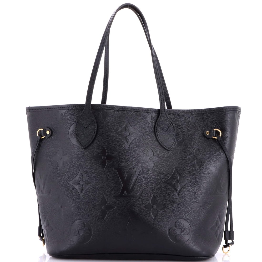 Neverfull Tote Monogram Empreinte Giant Louis Vuitton: Neverfull Tote Monogram Empreinte Giant Louis Vuitton Black Neverfull Tote Monogram Empreinte Giant MM Louis Vuitton features scuffed exterior, edge wear, and minor creases. The interior boasts
