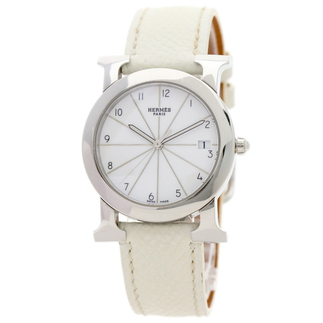 Hermes H Watch Rondo Watches Hr1.510 Stainless Steel Leather: Hermes H Watch Rondo Watches Hr1.510 Stainless Steel Leather Stainless steel and silver leather come together in this sleek Rondo watch from Hermes, featuring an analog display and quartz movement.