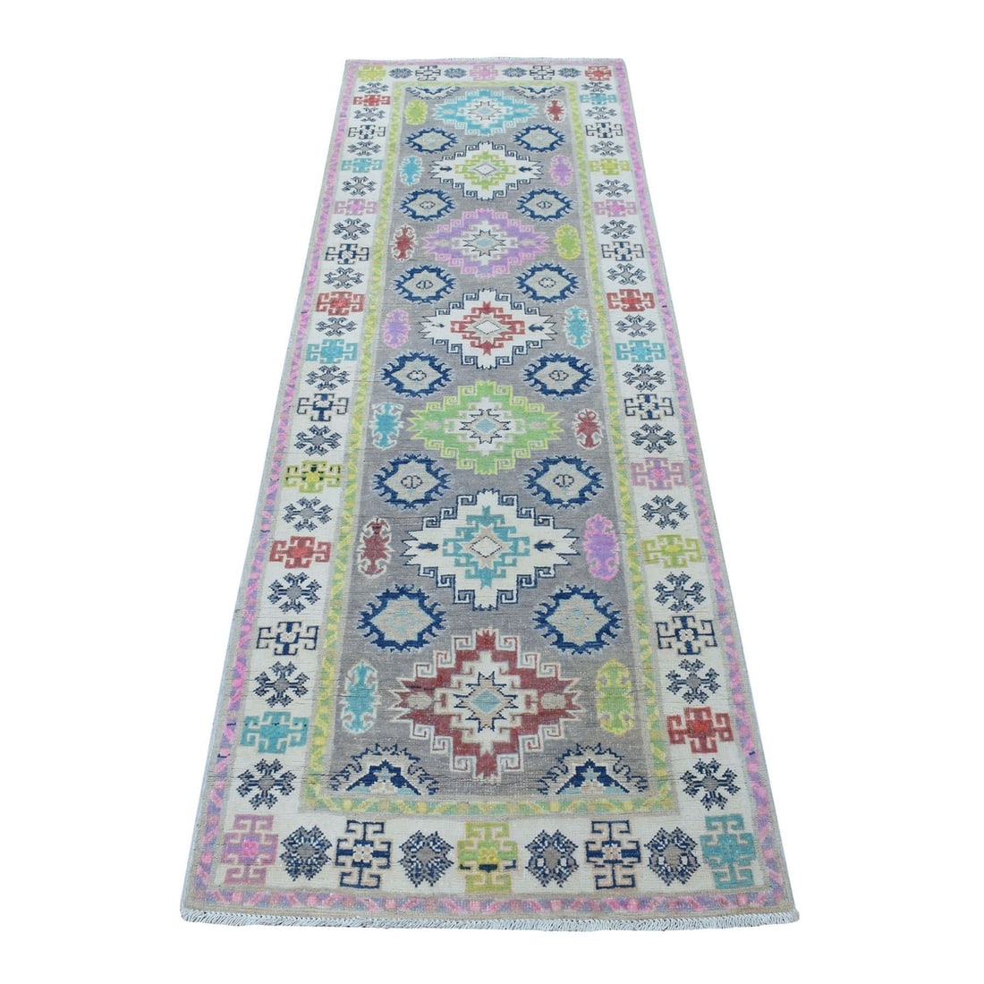 2'7"x7'10" Gray Fusion Kazak Organic Wool Hand Knotted Runner Rug: 2'7"x7'10" Gray Fusion Kazak Organic Wool Hand Knotted Runner Rug The 2'7"x7'10" Gray Fusion Kazak Organic Wool Hand Knotted Runner Rug boasts an impressive size and intricate design, showcasing the