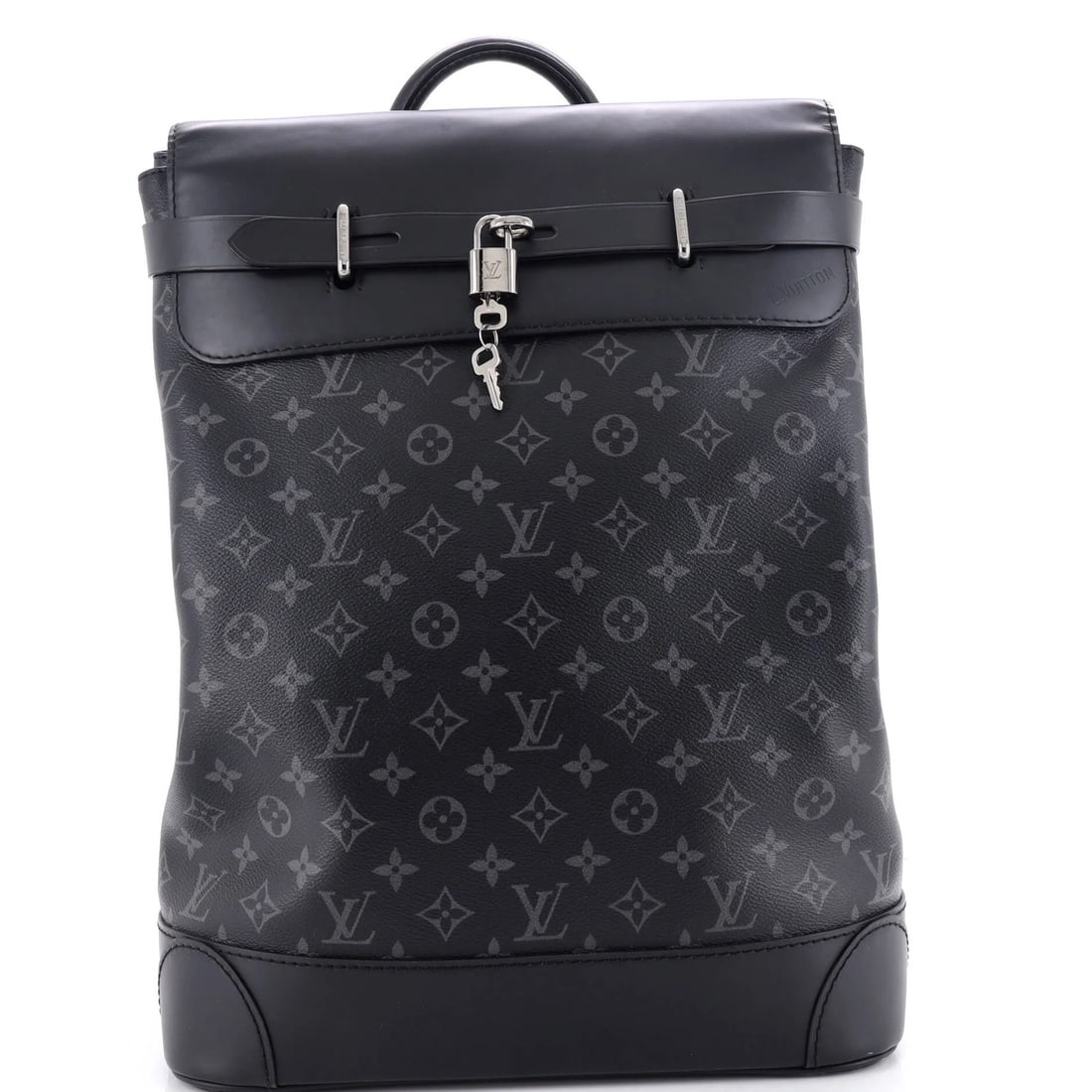 Steamer Backpack Canvas Monogram Louis Vuitton Eclipse: Steamer Backpack Canvas Monogram Louis Vuitton Eclipse Black Steamer Backpack Canvas Monogram Louis Vuitton Eclipse features a canvas-coated leather exterior with a silver monogram eclipse design, mea