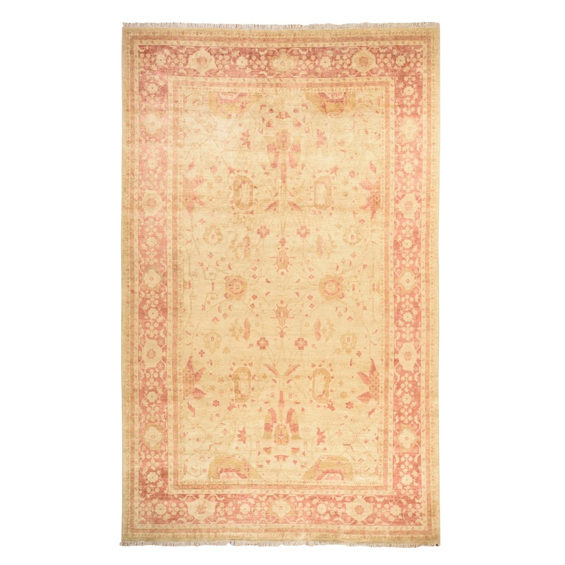 9'8"x16' Beige Afghan Peshawar Mahal Design Pure Wool Hand Knotted XL Rug: 9'8"x16' Beige Afghan Peshawar Mahal Design Pure Wool Hand Knotted XL Rug This stunning hand-knotted Afghan Peshawar Mahal design pure wool rug boasts an impressive 9'8" x 16' size, making it a statem