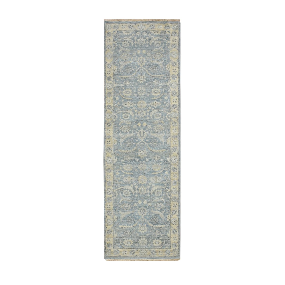 2'5"x7'10" Blue Wool Sickle Leaf Design Hand Knotted Zero Pile Runner Rug: 2'5"x7'10" Blue Wool Sickle Leaf Design Hand Knotted Zero Pile Runner Rug Hand-knotted in blue wool, this Oushak-style runner rug boasts an all-over design featuring a striking blue sickle leaf patter