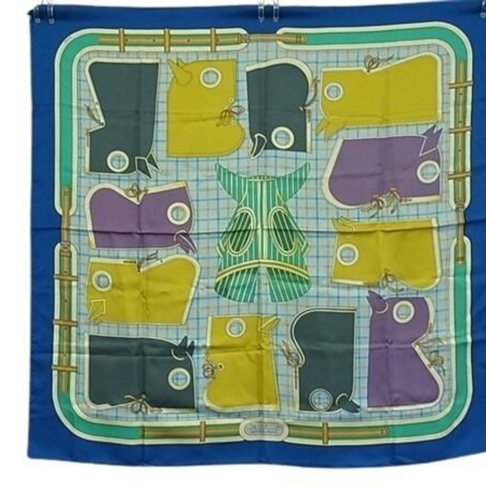 Hermes Scarf Silk 100%: Hermes Scarf Silk 100% Silk 100% multi-color scarf from iconic French fashion house Hermes, featuring a subtle sheen and intricate weave. This used scarf boasts a rich history, with only minor signs o