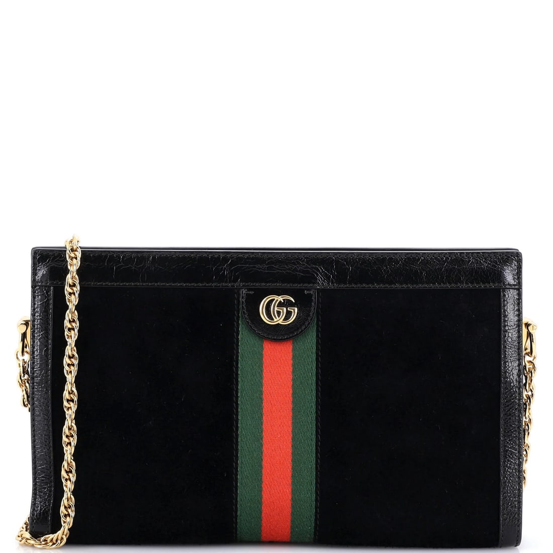 Suede Medium Ophidia Chain Shoulder Bag Gucci: Suede Medium Ophidia Chain Shoulder Bag Gucci Suede Medium Ophidia Chain Shoulder Bag Gucci features a sleek black exterior with scuffs and minor creases, accompanied by satin blue interior. The