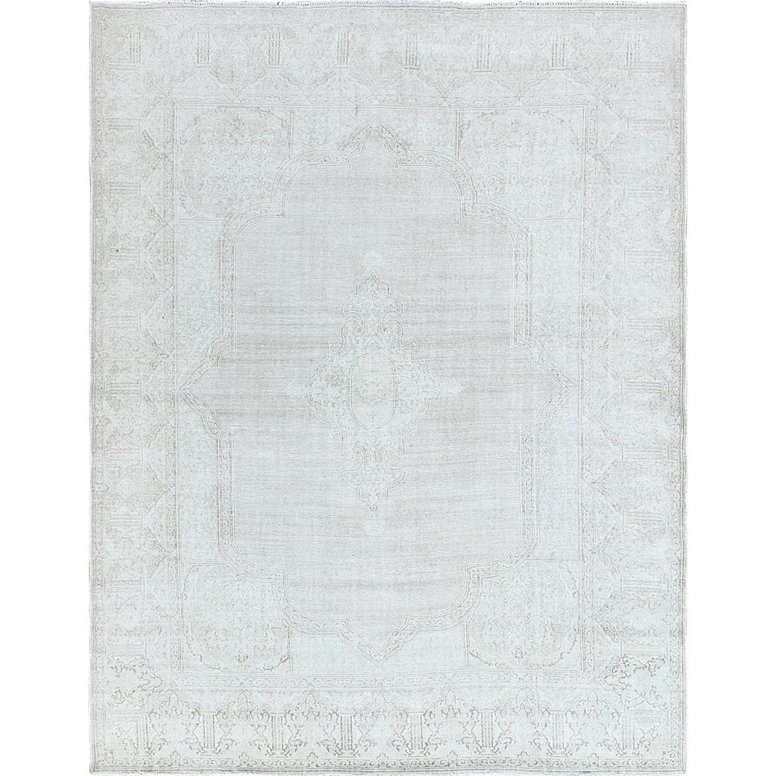 9'6"x12'5" Hand Knotted Ivory Vintage Farsian Karman Worn Wool Rug: 9'6"x12'5" Hand Knotted Ivory Vintage Farsian Karman Worn Wool Rug 9'6" x 12'5" Hand Knotted Ivory Vintage Farsian Karman Worn Wool Rug - A stunning example of traditional craftsmanship, this