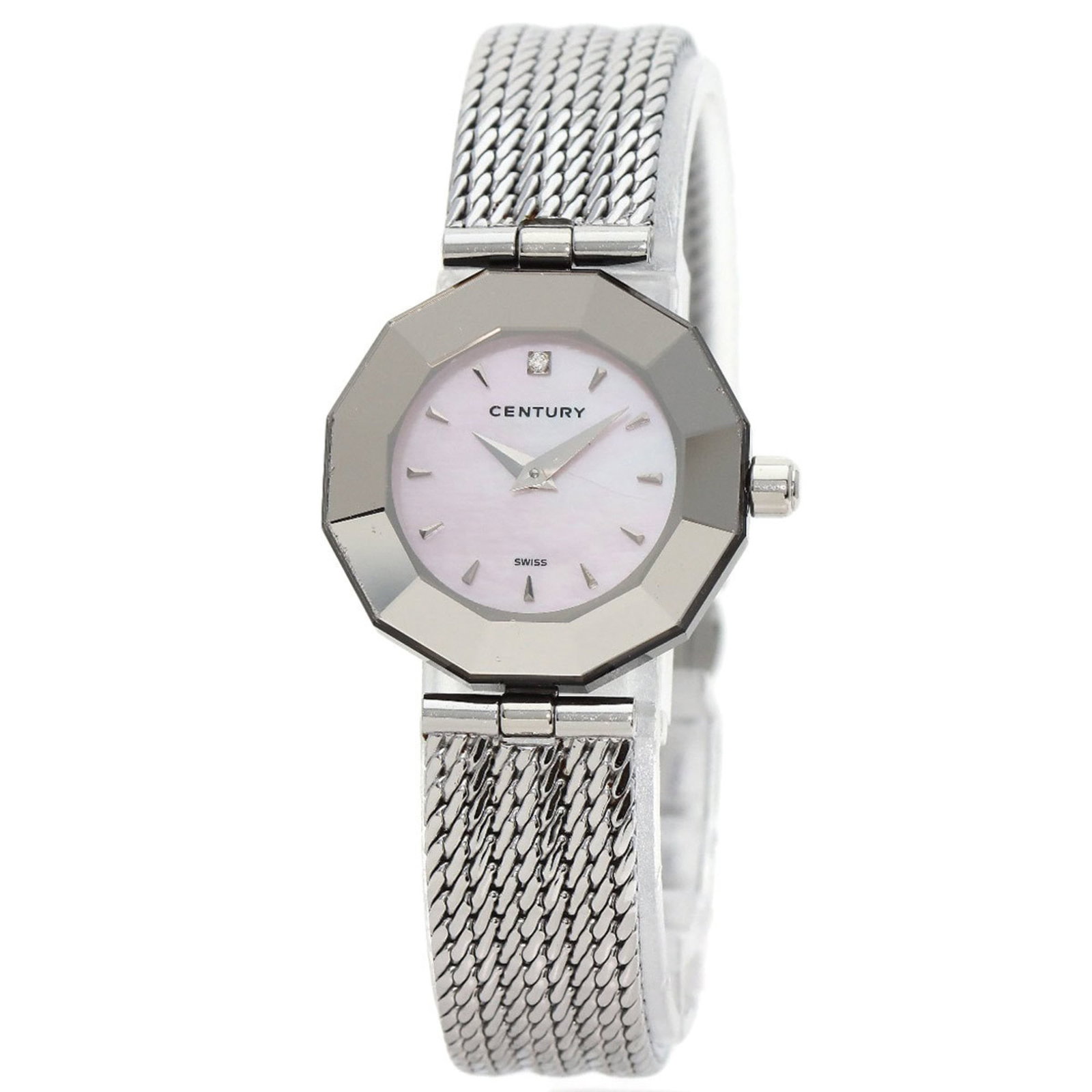Wristwatch of Century: Wristwatch of Century Stainless steel case and band add an edgy touch to this pink analog wristwatch, featuring a classic design with subtle scratches and dirt from previous use. The watch measures 15