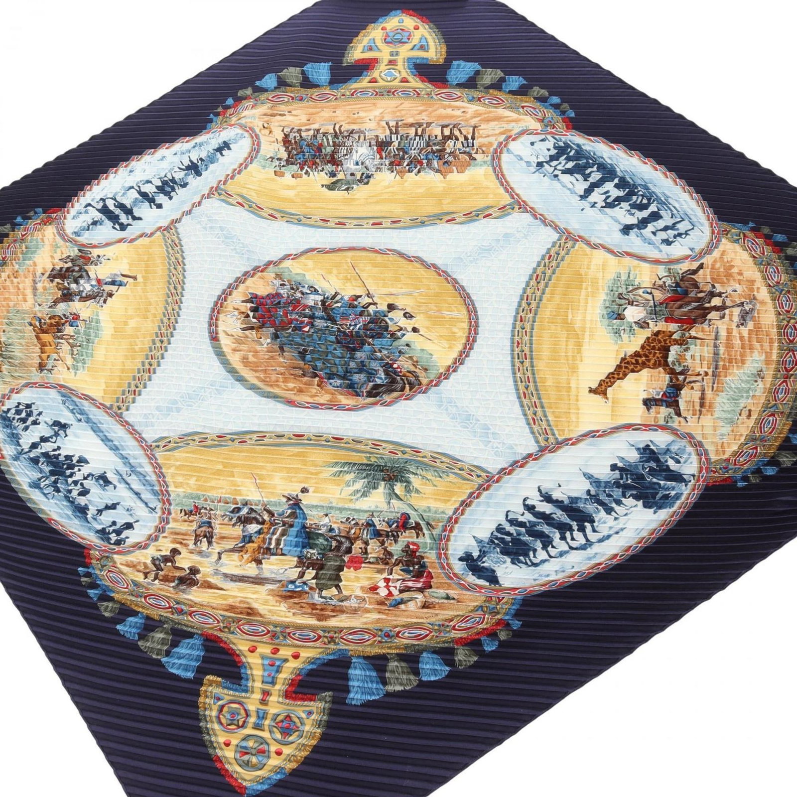 Silk Hermes Scarf: Silk Hermes Scarf Silk from the iconic French fashion house, this multi-color Hermes scarf boasts a classic design with subtle scratches and signs of usage. Made from high-quality silk, its 1.3m x