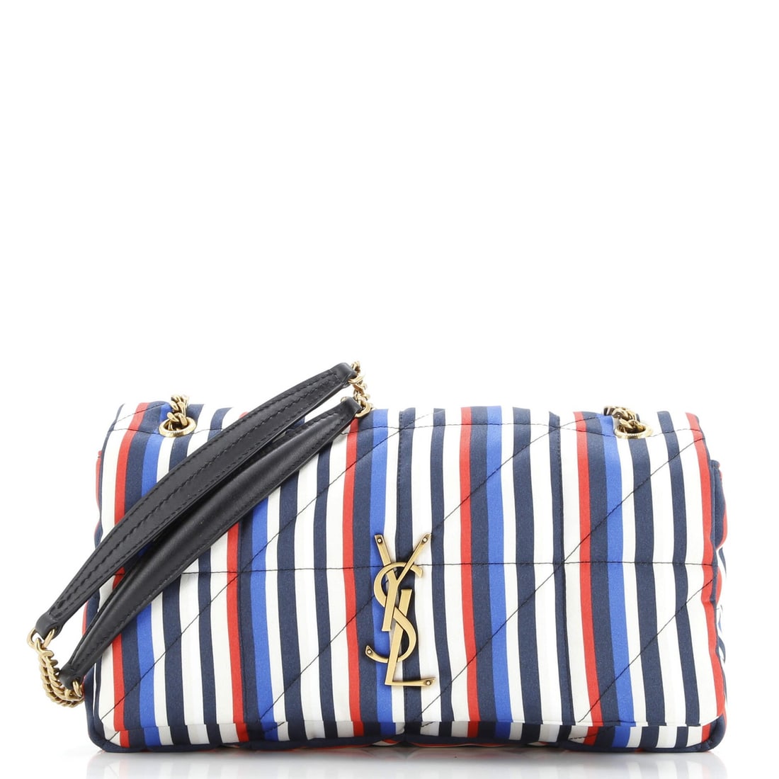 Jamie Saint Laurent Silk Flap Printed Quilted Medium Bag: Jamie Saint Laurent Silk Flap Printed Quilted Medium Bag Silk Flap Bag with Multicolor Quilted Print, featuring a medium size and great condition. Minor creases, scuffs, and scratches are present on