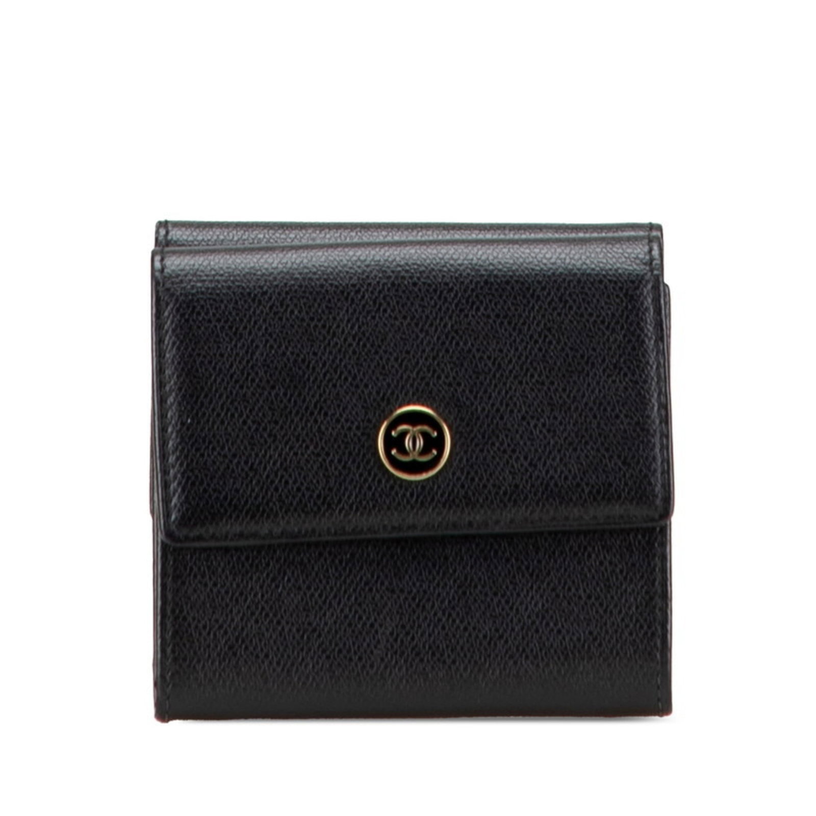 Chanel Wallet (Tri-Fold) Leather: Chanel Wallet (Tri-Fold) Leather Black leather tri-fold wallet from Chanel, with a few traces of usage visible. The condition shows some scratches and dirt, but overall it remains in very good