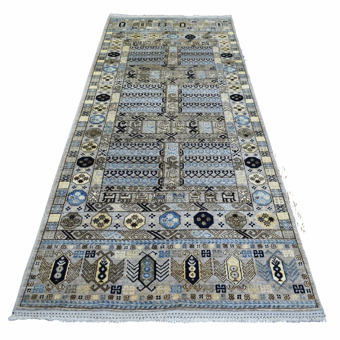4'1"x9'7" Gray Turkeman Ersari Pure Wool Hand Knotted Wide Runner Rug: 4'1"x9'7" Gray Turkeman Ersari Pure Wool Hand Knotted Wide Runner Rug The Ersari-style rug boasts a stunning gray color and intricate hand-knotted wool design, showcasing the traditional
