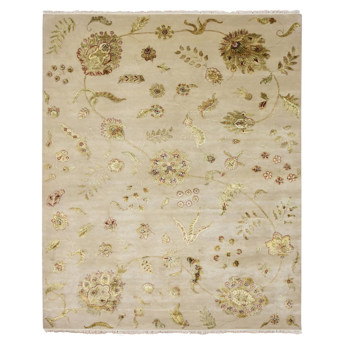 8'x9'9" White Botanical Design Half Wool and Half Silk Hand Knotted Rug: 8'x9'9" White Botanical Design Half Wool and Half Silk Hand Knotted Rug The 8'x9'9" White Botanical Design Half Wool and Half Silk Hand Knotted Rug boasts an elegant, ivory-colored field with intricat