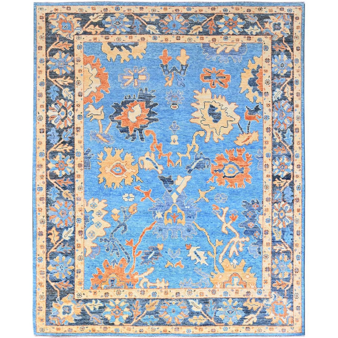 Blue Bonnie All Hand Knotted Wool Oushak Rug Oriental 8'4"x10'5: Blue Bonnie All Hand Knotted Wool Oushak Rug Oriental 8'4"x10'5 Hand-knotted in vibrant blue wool, this stunning Oriental-style rug boasts an intricate rectangular field with subtle orange and yellow