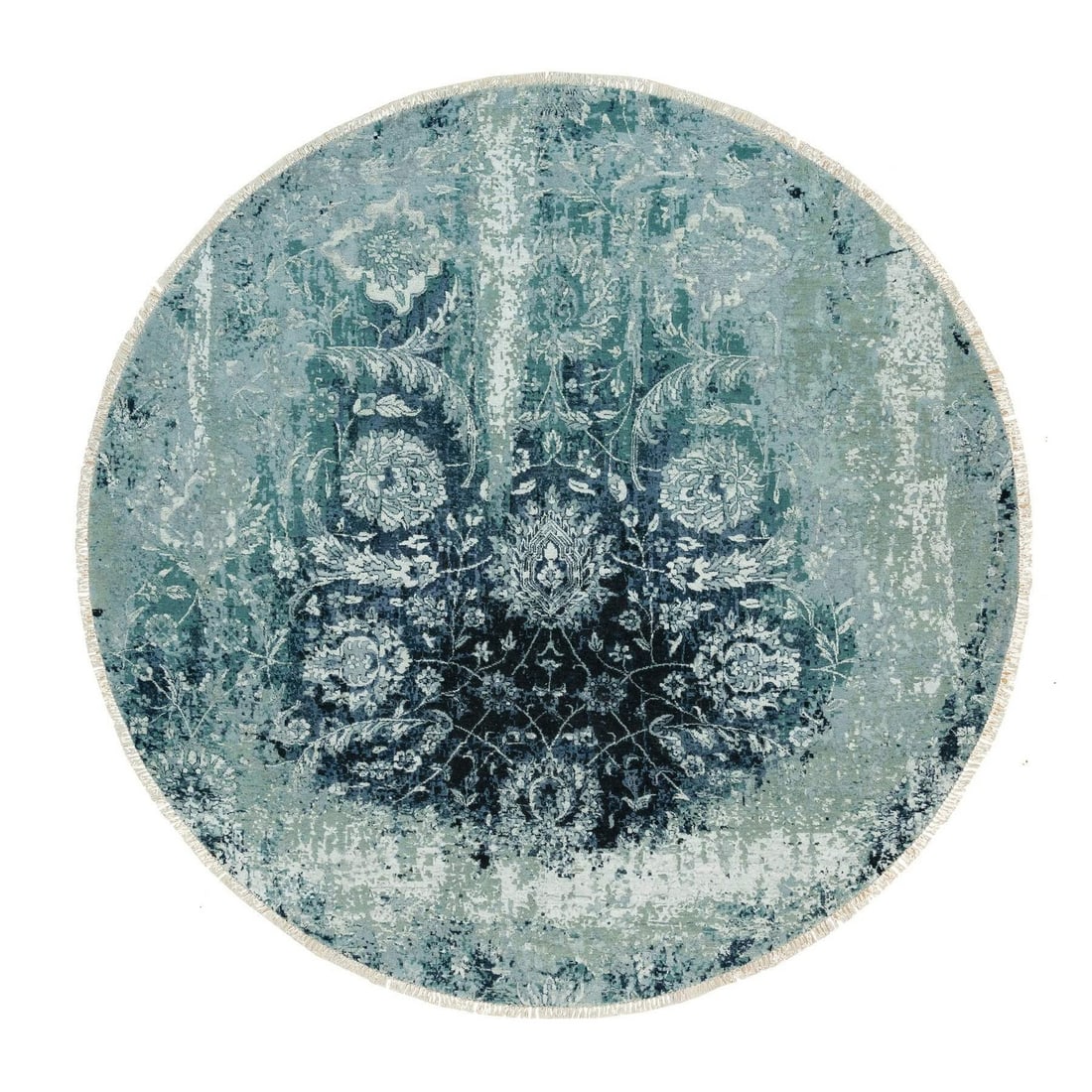 7'x7' Teal Blue Erased Zoroastrian Design Wool and Silk Hand Knotted Rug: 7'x7' Teal Blue Erased Zoroastrian Design Wool and Silk Hand Knotted Rug The 7'x7' Teal Blue Erased Zoroastrian Design Wool and Silk Hand Knotted Rug boasts an intricate, hand-knotted design in a