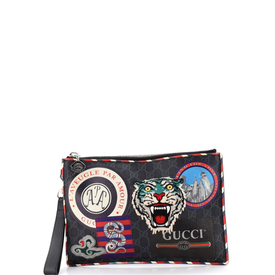 Gucci Night Pouch Coated Canvas GG Applique with: Gucci Night Pouch Coated Canvas GG Applique with Black Gucci Night Courrier Pouch GG Coated Canvas Clutch with Leather Exterior, featuring heavy edge wear and scuffs. The clutch measures 8.5" tall,